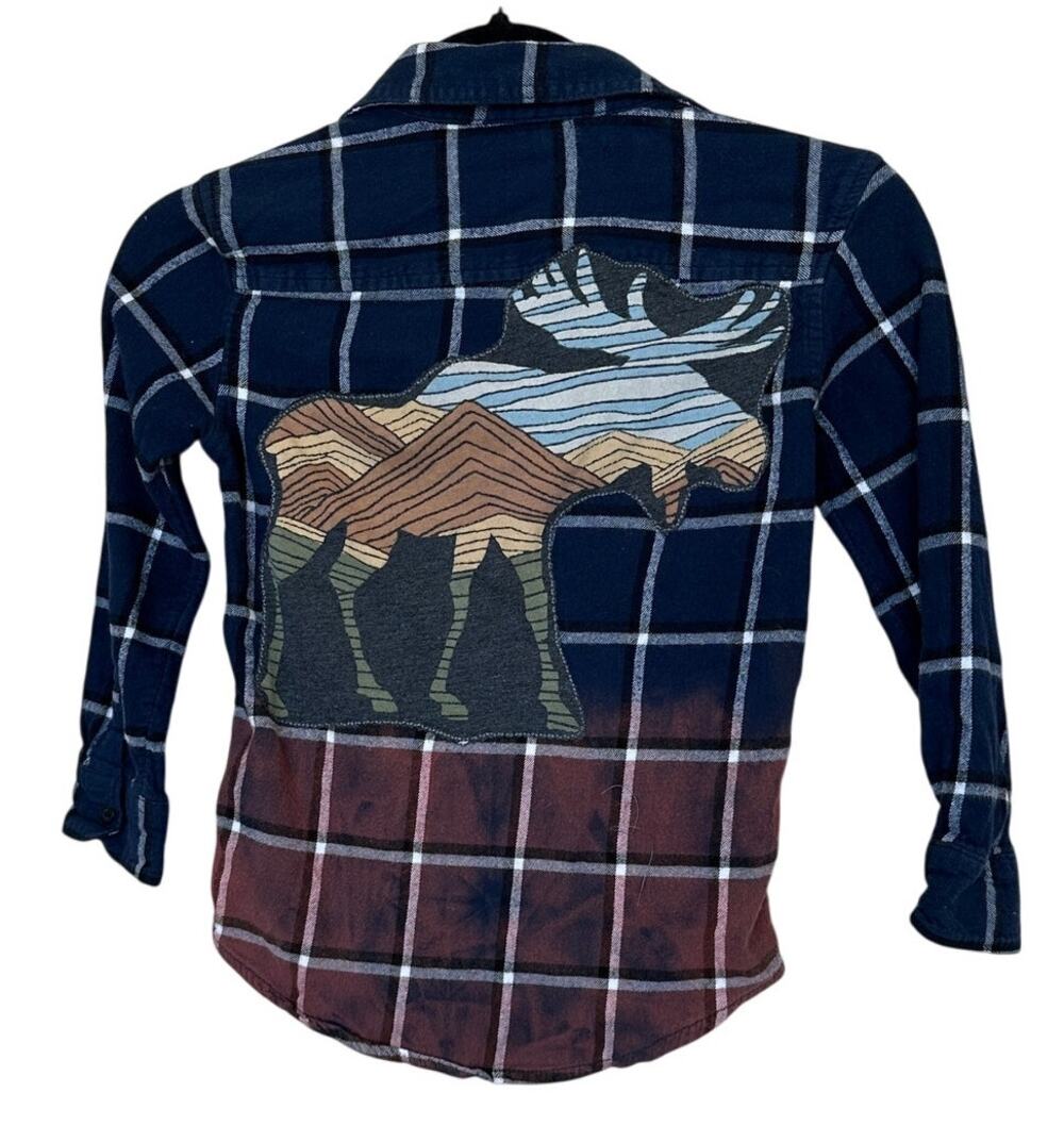 Moose Kids Plaid Flannel Button Down Shirt MEDIUM Unique Ombre Upcycled